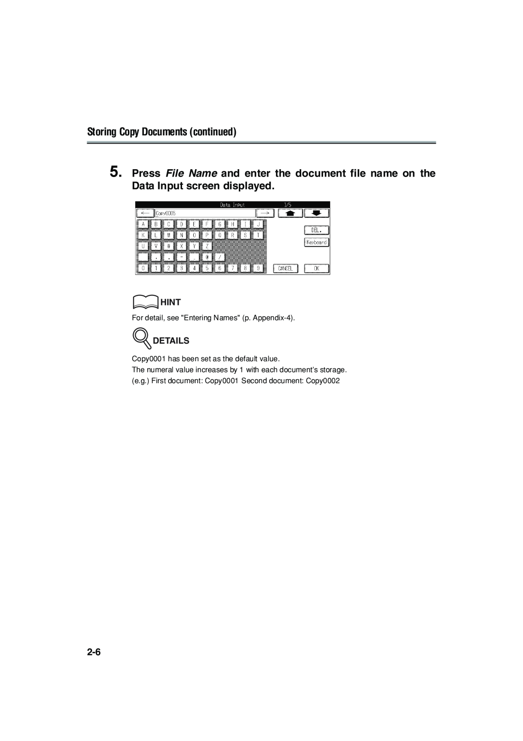 Konica Minolta 7222 manual Storing Copy Documents continued, Hint, Details, For detail, see Entering Names p. Appendix-4 