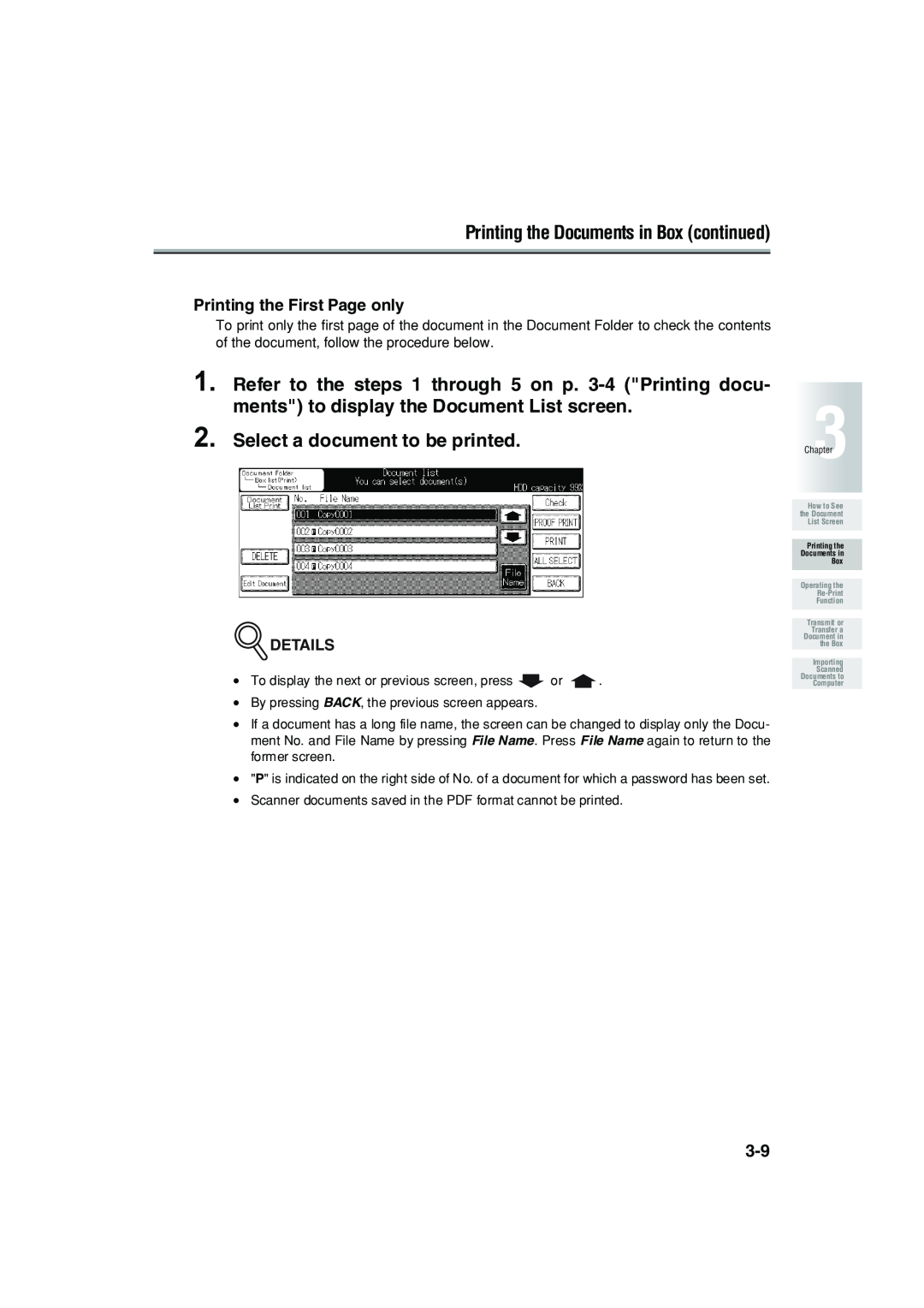 Konica Minolta 7222 manual Refer to the steps 1 through, on p. 3-4 Printing docu, ments to display the Document List screen 