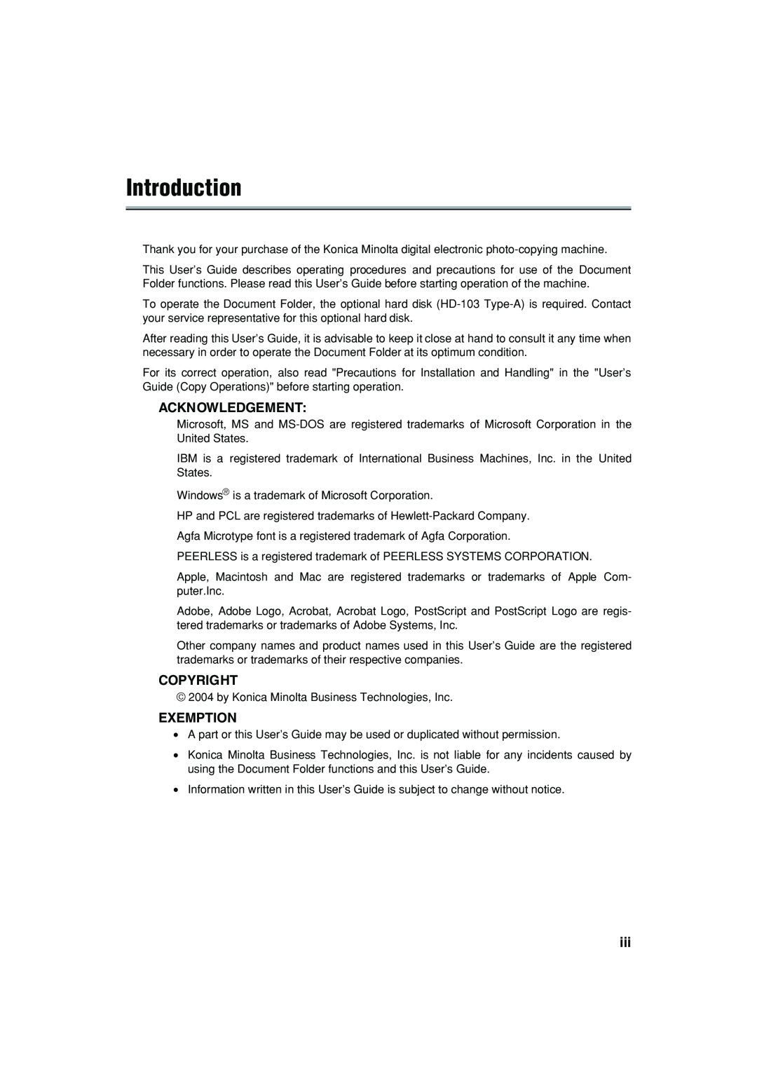 Konica Minolta 7222 manual Introduction, Acknowledgement, Copyright, Exemption 