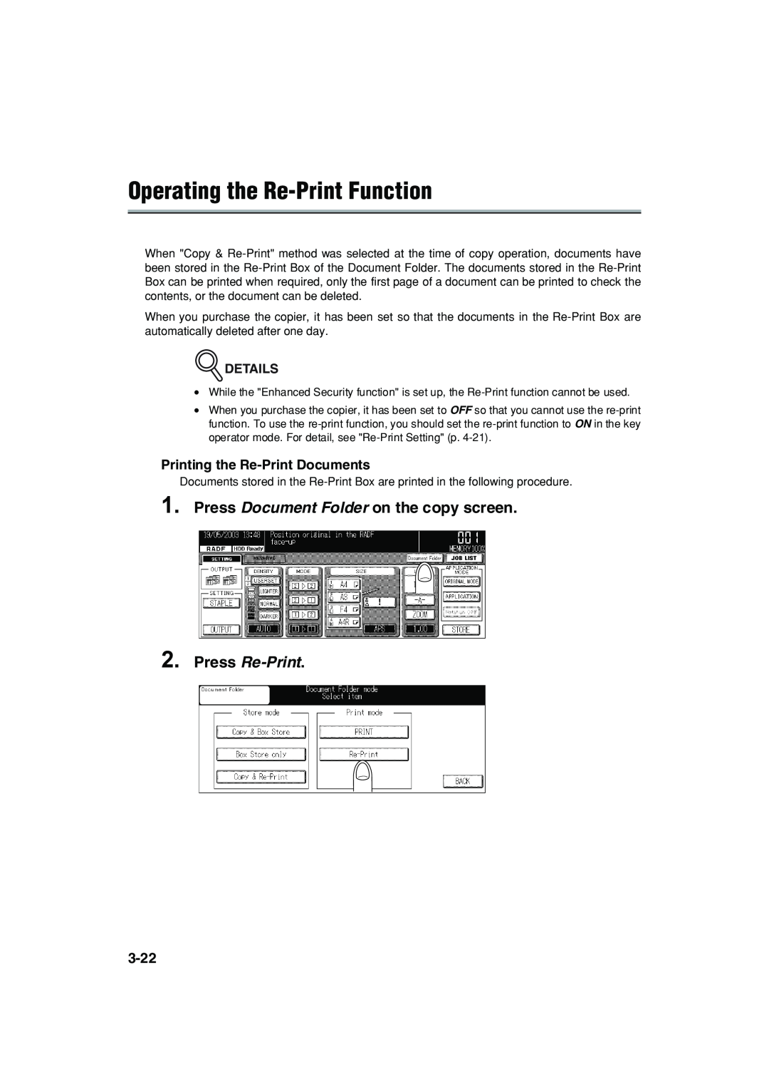 Konica Minolta 7222 Operating the Re-Print Function, Press Document Folder on the copy screen, Press Re-Print, Details 