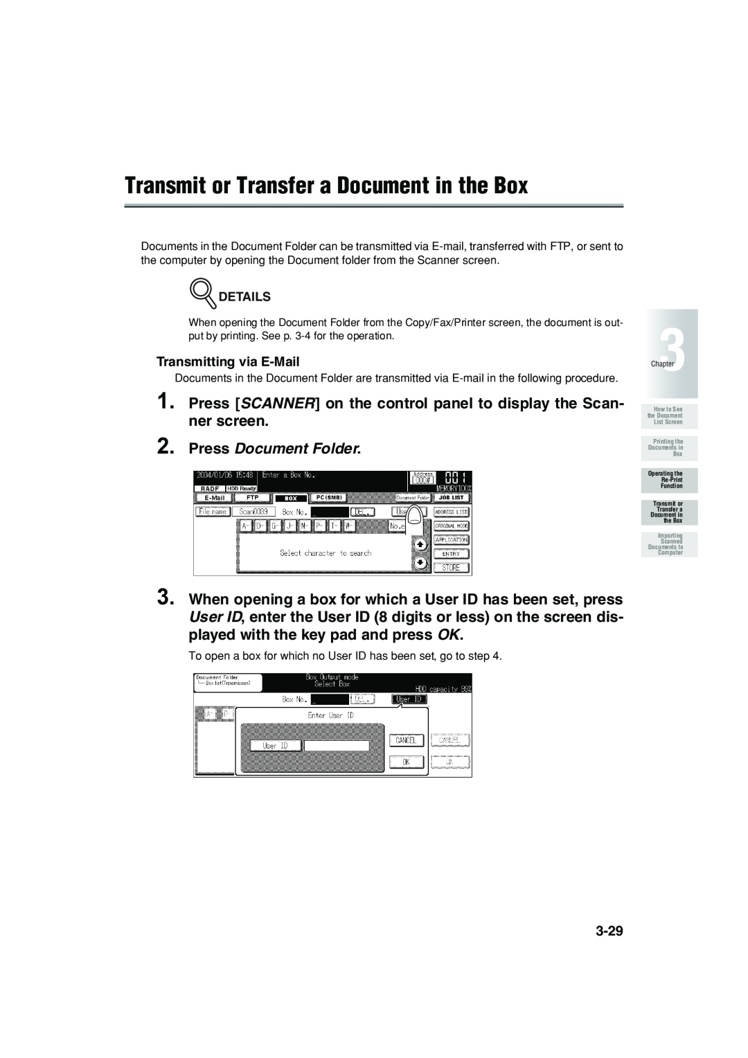Konica Minolta 7222 Transmit or Transfer a Document in the Box, Press Document Folder, Transmitting via E-Mail, Details 