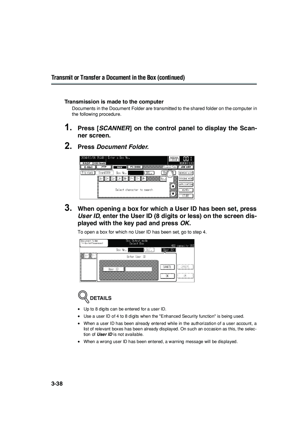 Konica Minolta 7222 manual Transmit or Transfer a Document in the Box continued, Press Document Folder 