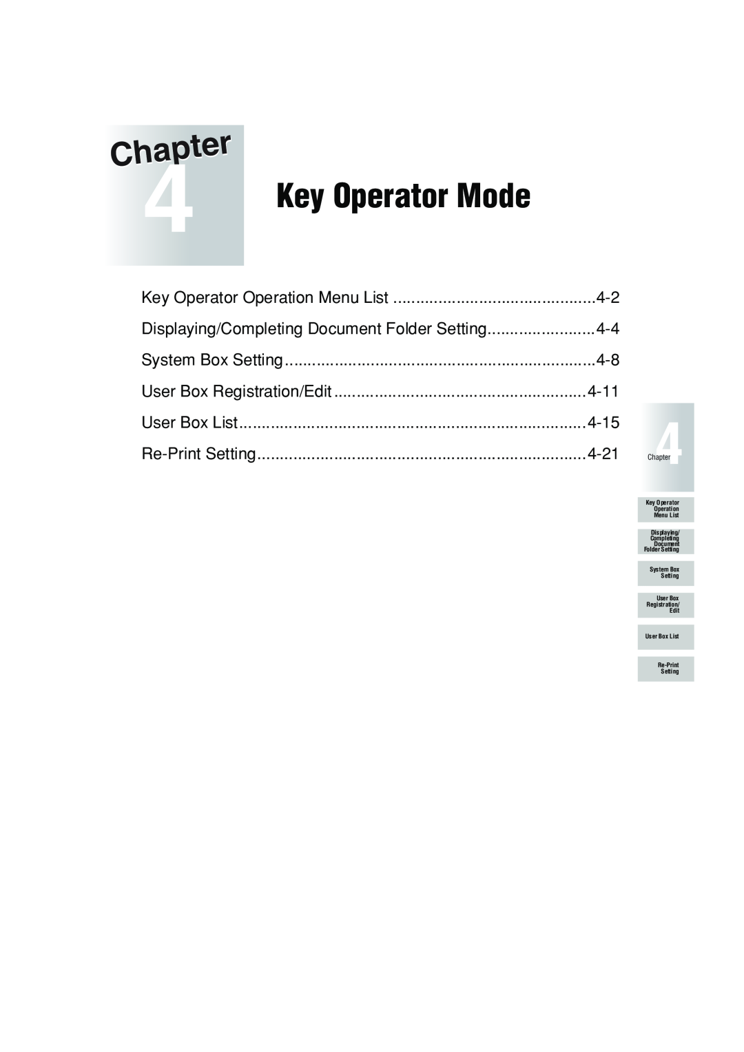 Konica Minolta 7222 Key Operator Mode, Displaying/Completing Document Folder Setting, User Box Registration/Edit, 4-11 
