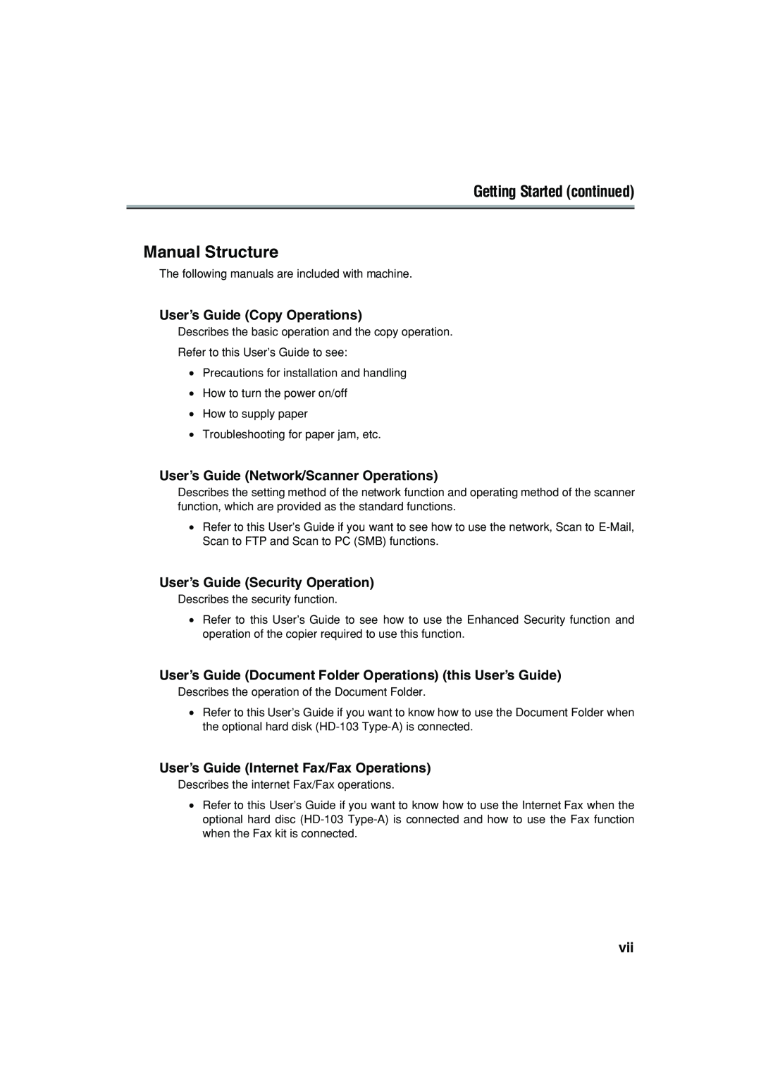 Konica Minolta 7222 manual Manual Structure, Getting Started continued, User’s Guide Copy Operations 