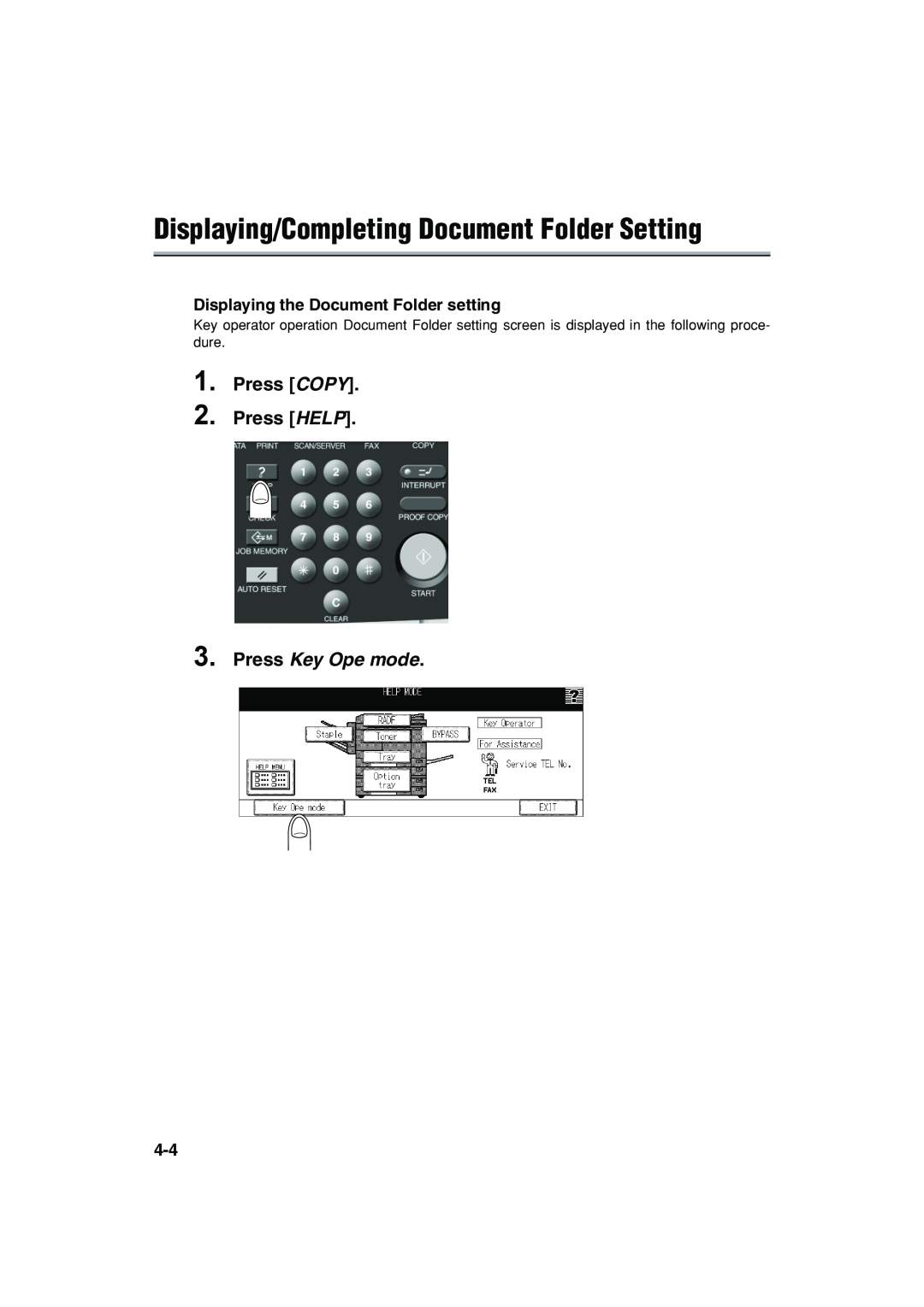 Konica Minolta 7222 manual Displaying/Completing Document Folder Setting, Press COPY. Press HELP, Press Key Ope mode 