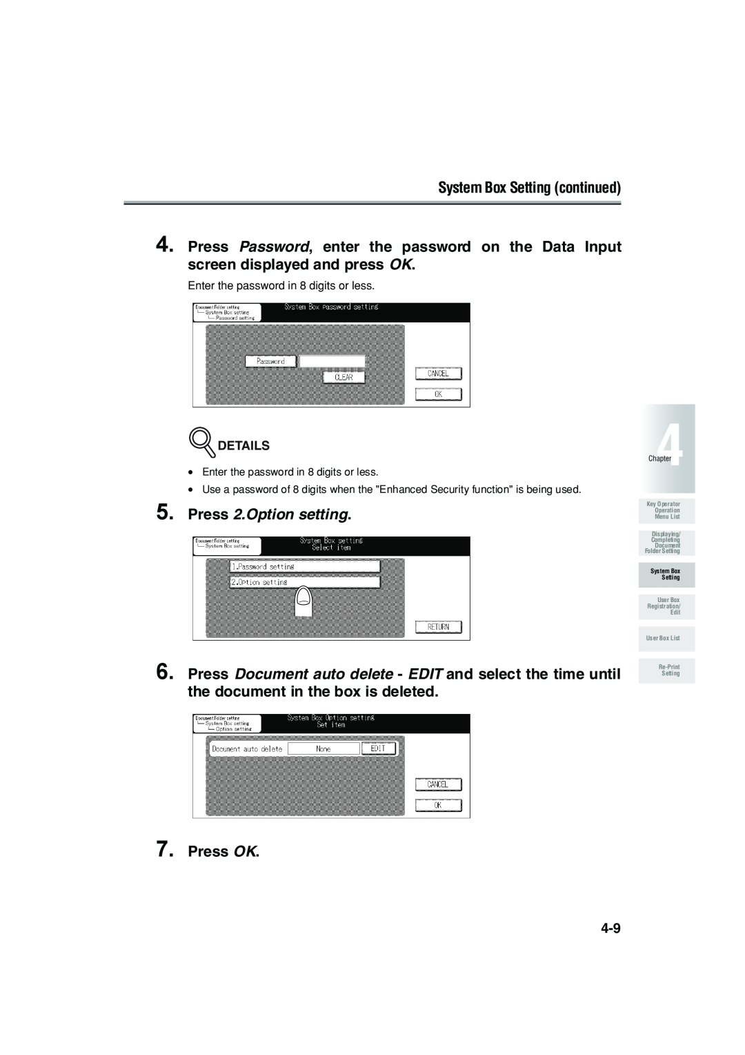 Konica Minolta 7222 manual Press 2.Option setting, Press OK, System Box Setting continued 