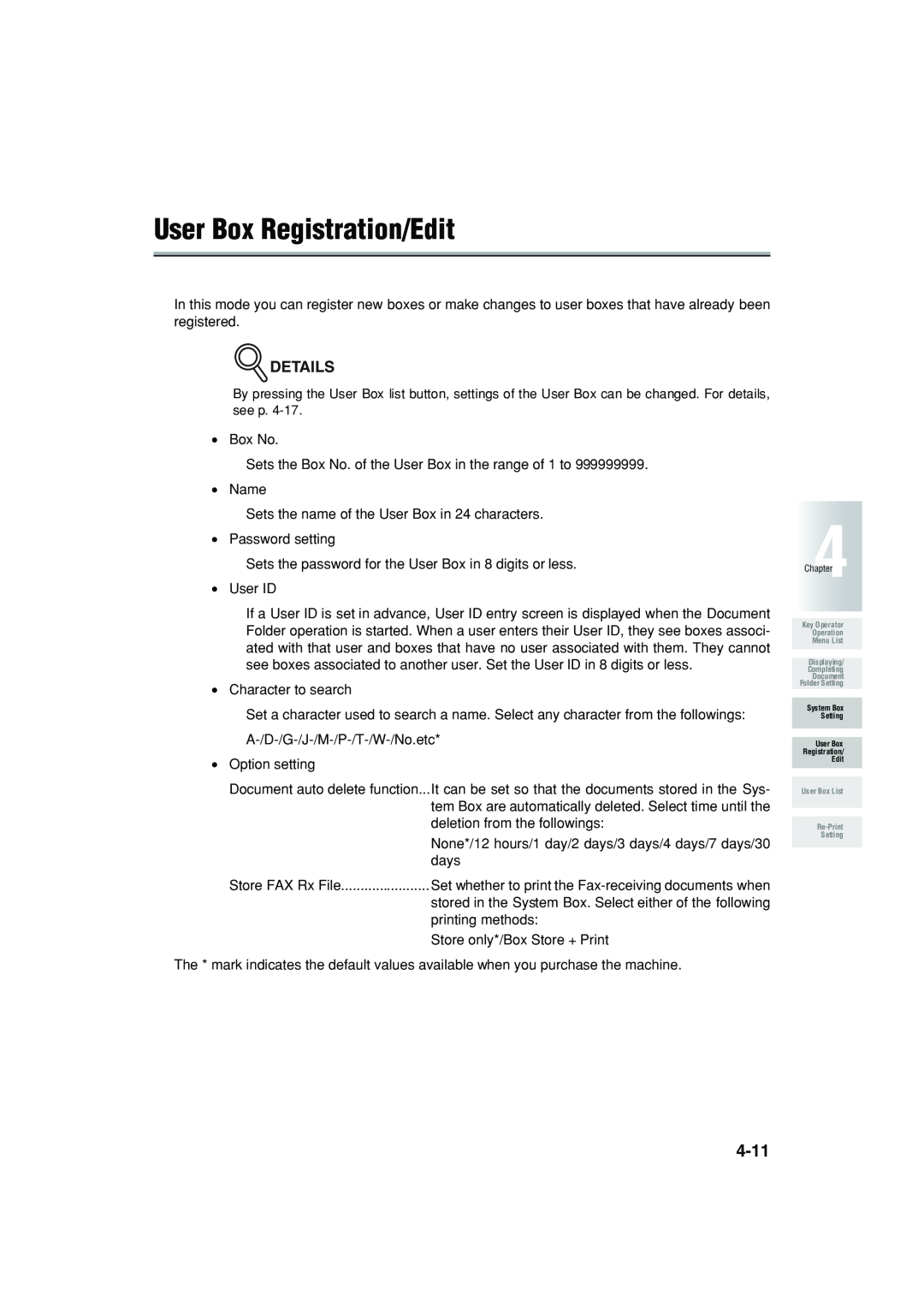 Konica Minolta 7222 manual User Box Registration/Edit, Details, User Box Registration Edit 