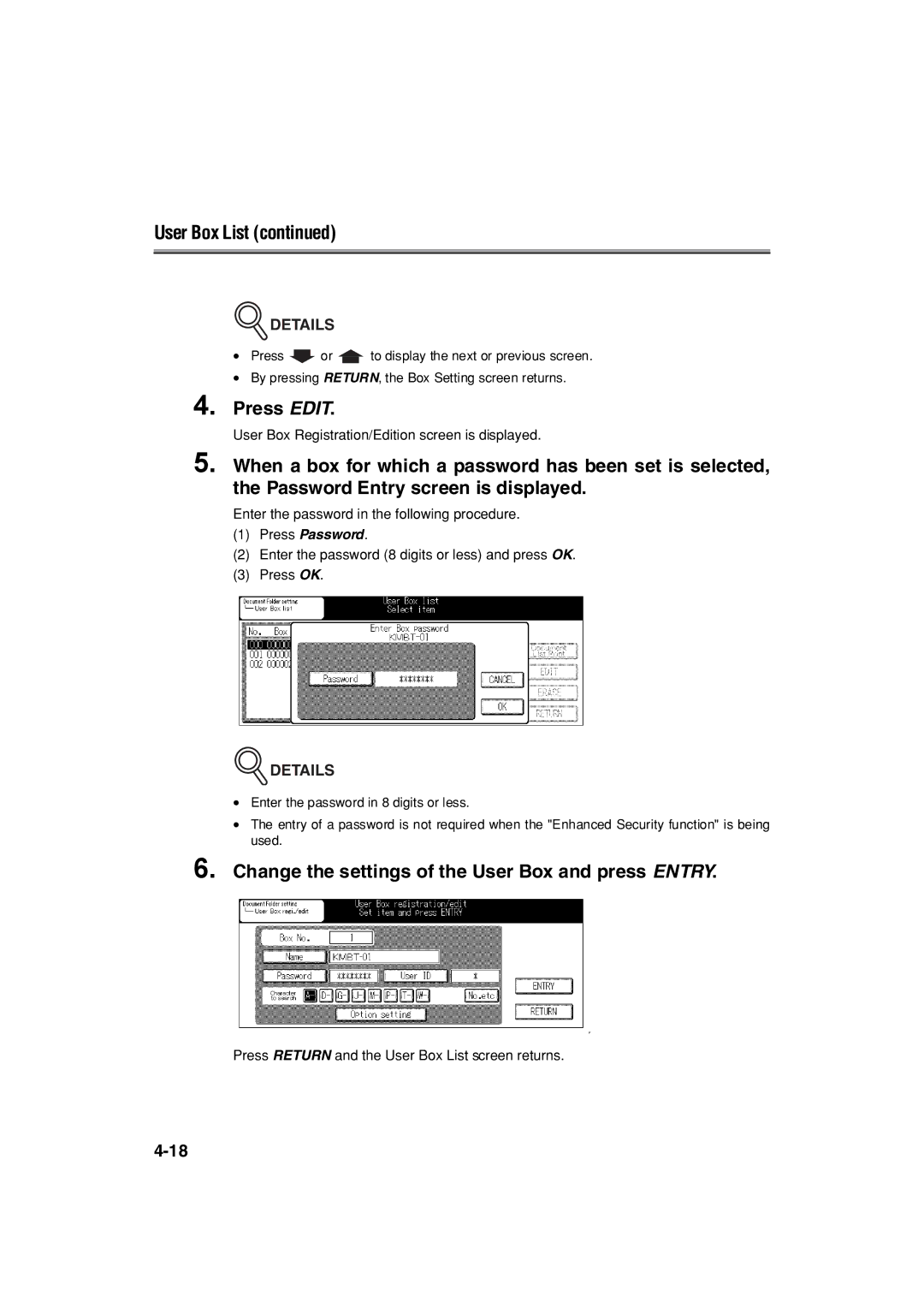 Konica Minolta 7222 manual Press Edit, Change the settings of the User Box and press Entry 