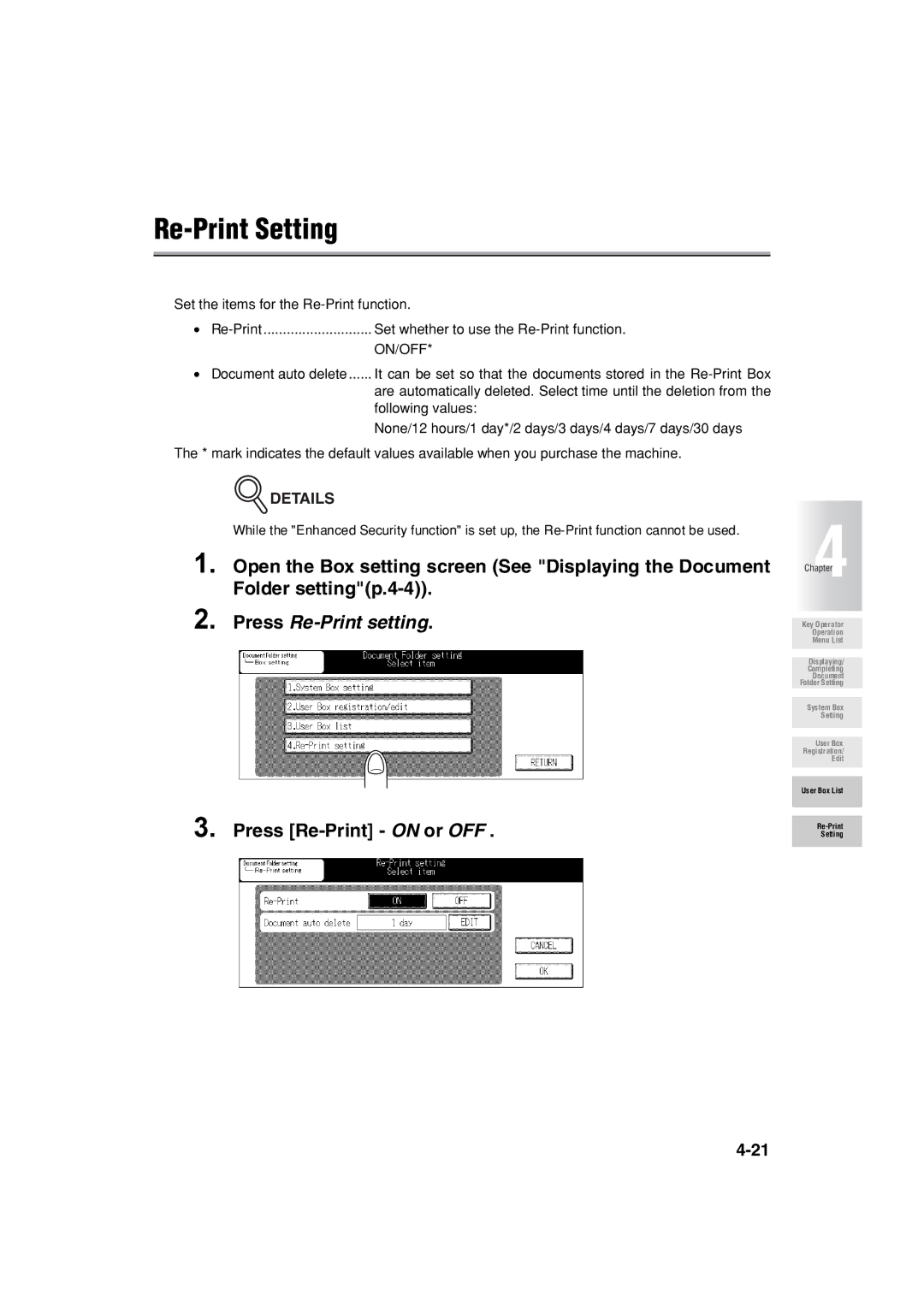 Konica Minolta 7222 manual Re-Print Setting, Press Re-Print setting, Press Re-Print on or OFF 