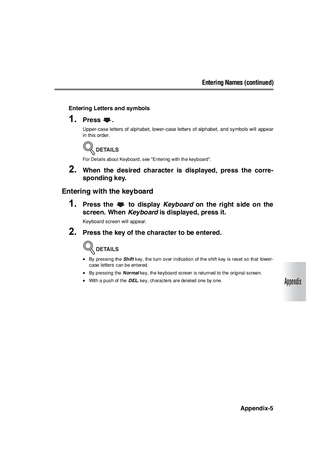 Konica Minolta 7222 manual Entering Names, Press the key of the character to be entered, Entering Letters and symbols 