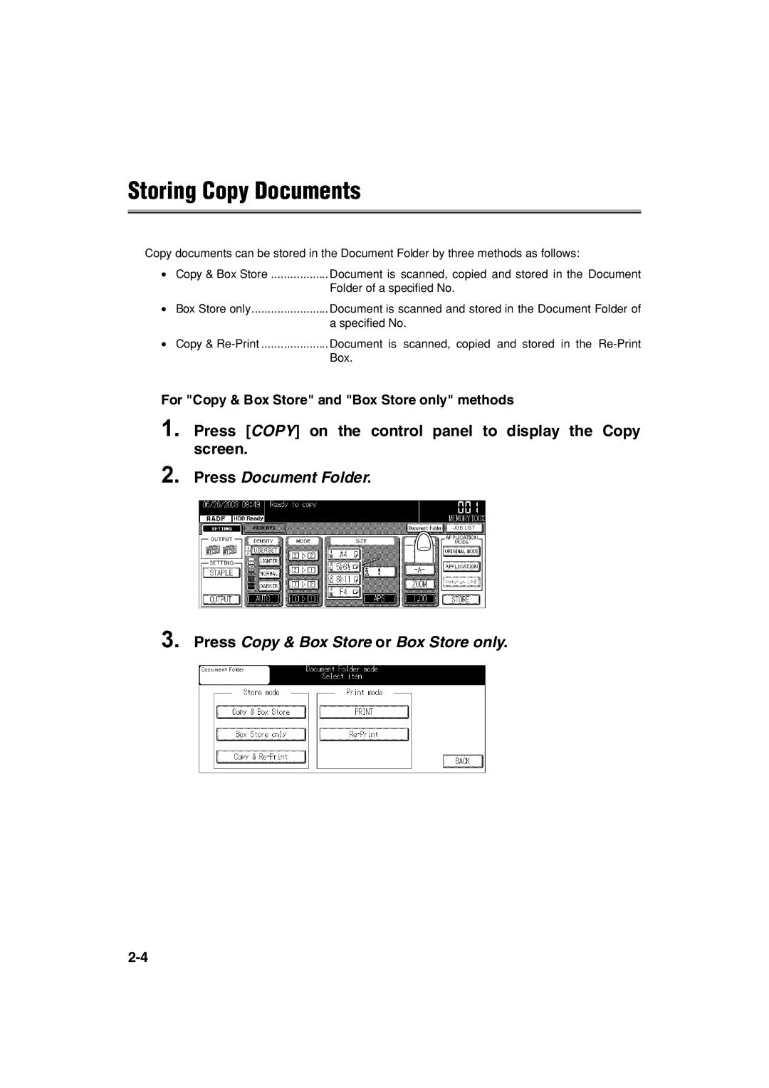 Konica Minolta 7222 manual Storing Copy Documents, Press Copy on the control panel to display the Copy screen 