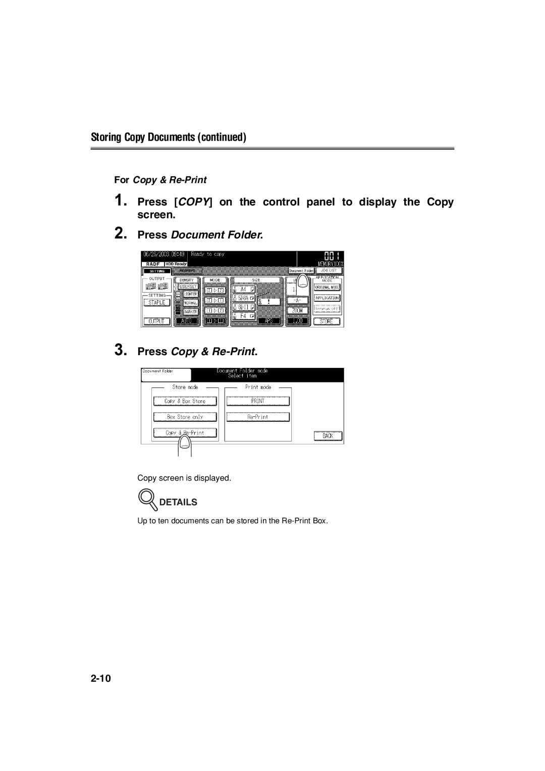 Konica Minolta 7222 manual Storing Copy Documents, Press Document Folder Press Copy & Re-Print 