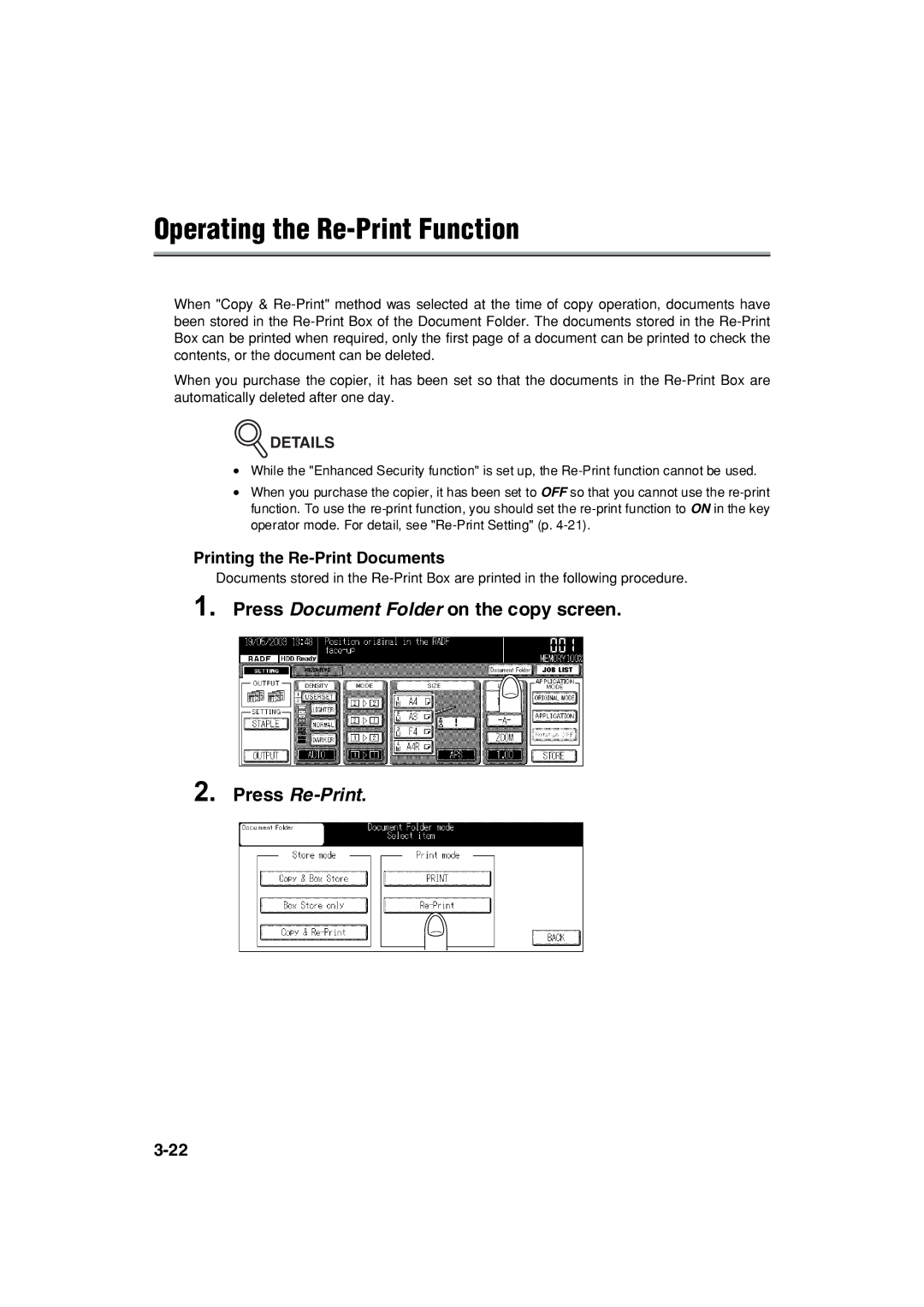 Konica Minolta 7222 manual Operating the Re-Print Function, Press Document Folder on the copy screen, Press Re-Print 