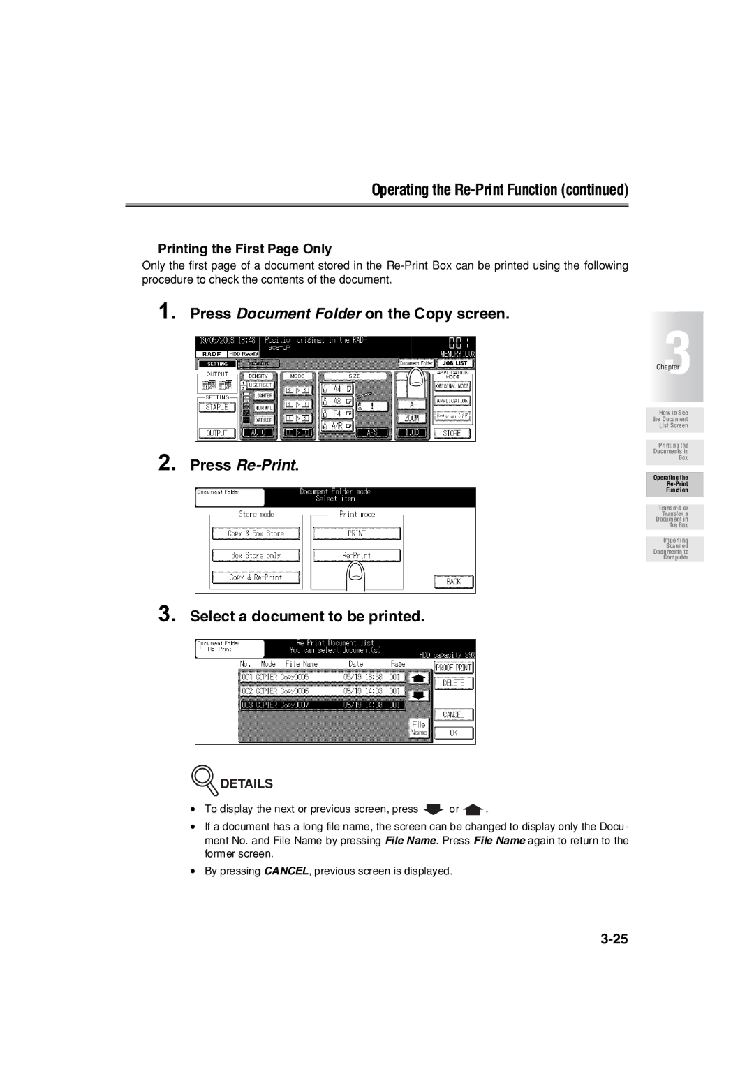 Konica Minolta 7222 manual Operating the Re-Print Function, Printing the First Page Only 