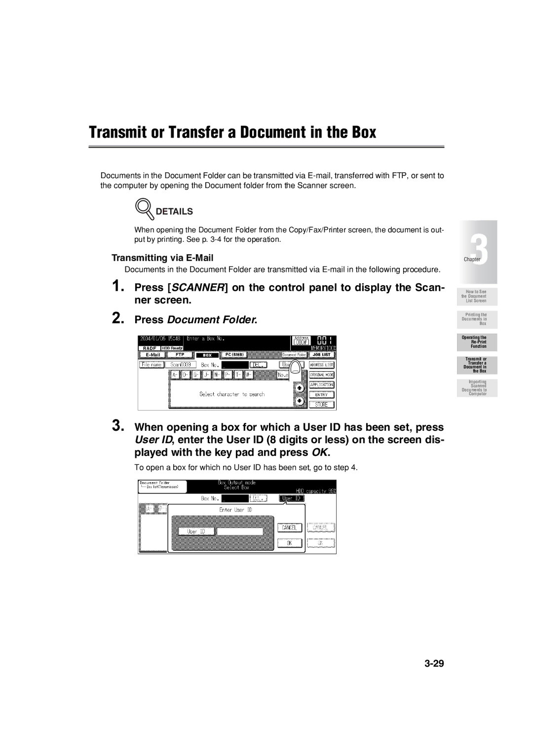 Konica Minolta 7222 manual Transmit or Transfer a Document in the Box, Press Document Folder, Transmitting via E-Mail 