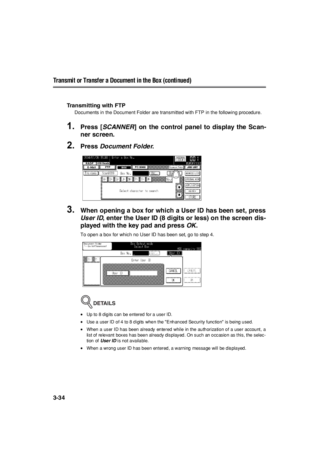 Konica Minolta 7222 manual Transmit or Transfer a Document in the Box, Transmitting with FTP 