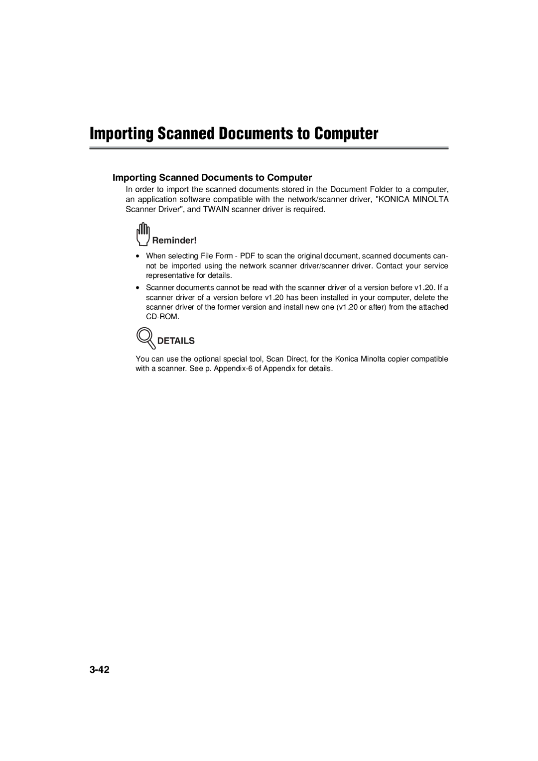 Konica Minolta 7222 manual Importing Scanned Documents to Computer, Reminder 