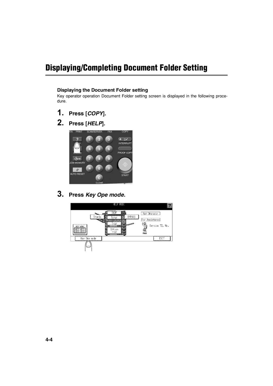 Konica Minolta 7222 manual Displaying/Completing Document Folder Setting, Press COPY. Press Help, Press Key Ope mode 