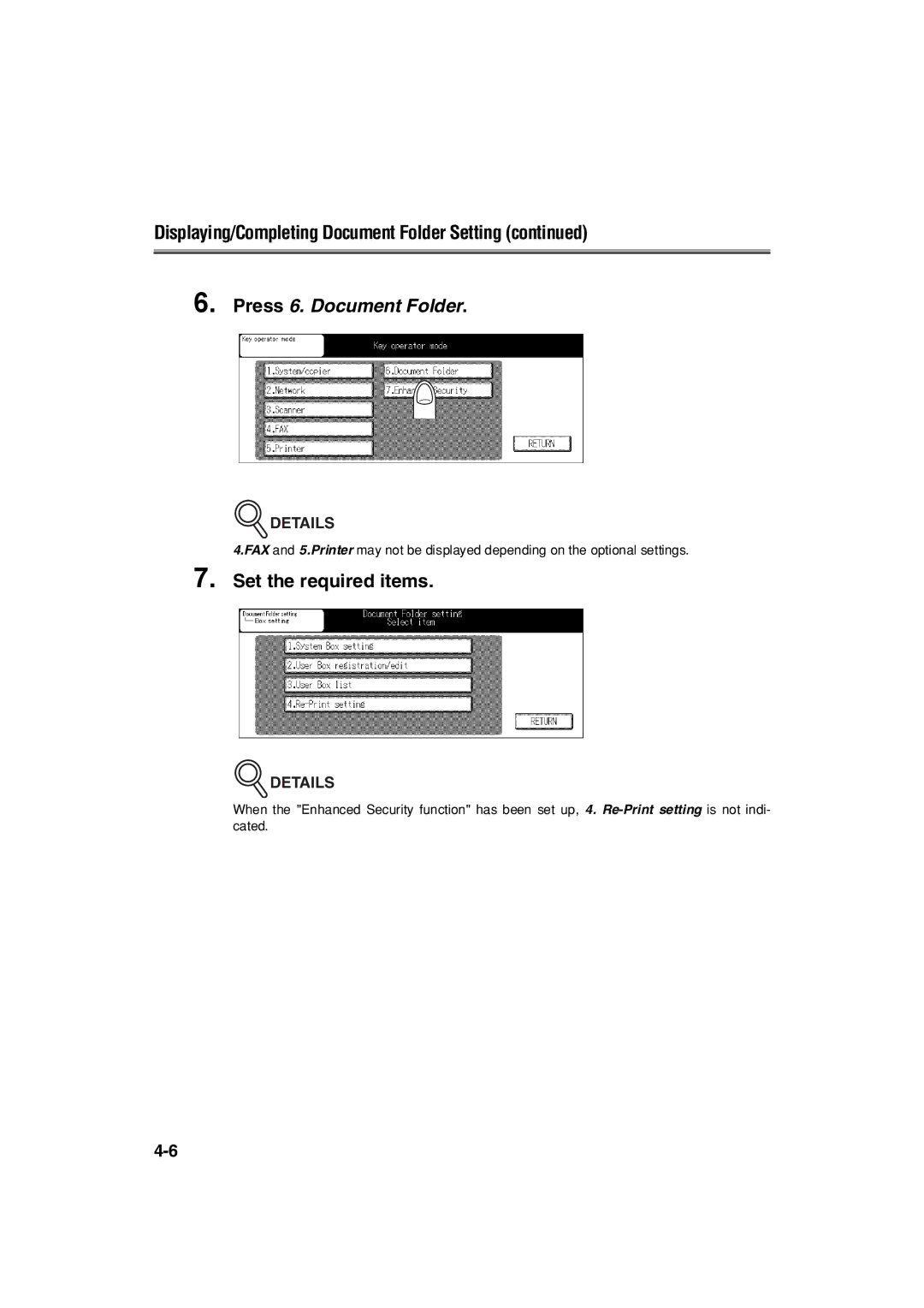 Konica Minolta 7222 manual Displaying/Completing Document Folder Setting, Press 6. Document Folder, Set the required items 