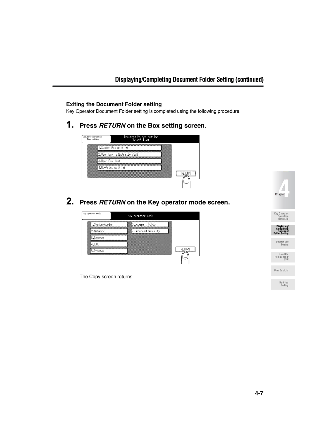 Konica Minolta 7222 manual Exiting the Document Folder setting 