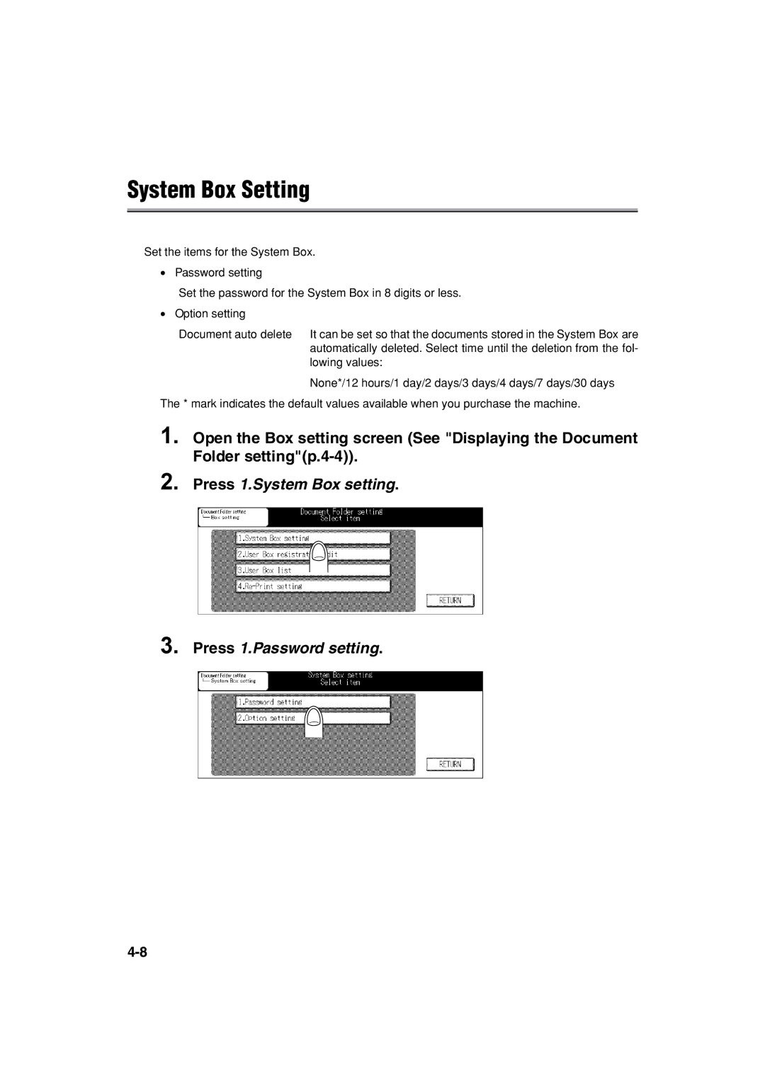 Konica Minolta 7222 manual System Box Setting, Press 1.System Box setting Press 1.Password setting 