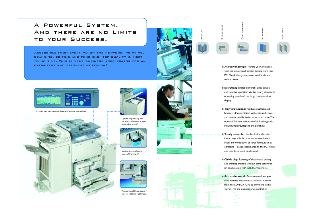Konica Minolta 7272 A Powerful System . And there are no Limits to your Success, Booklet, fold mode, Post Inserter 