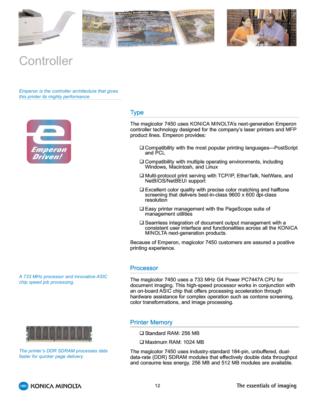Konica Minolta 7450 manual Controller, Processor, Printer Memory, Type 