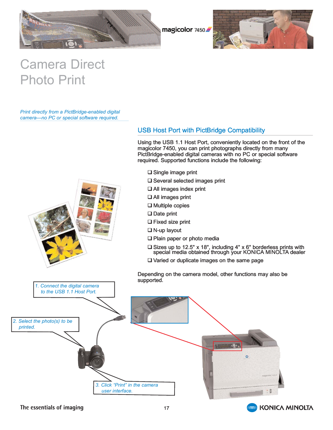 Konica Minolta 7450 manual Camera Direct Photo Print, USB Host Port with PictBridge Compatibility 