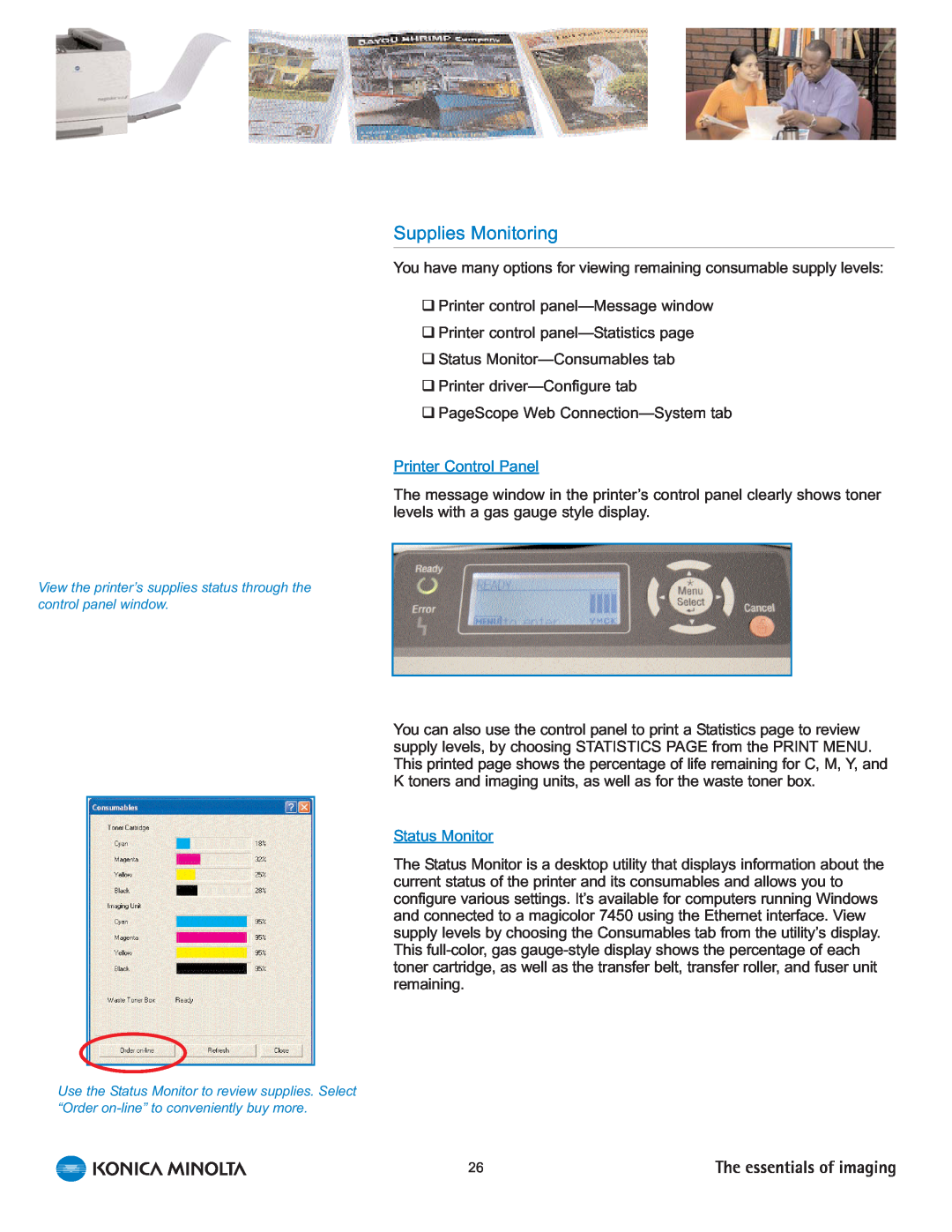 Konica Minolta 7450 manual Supplies Monitoring, Printer Control Panel, Status Monitor 