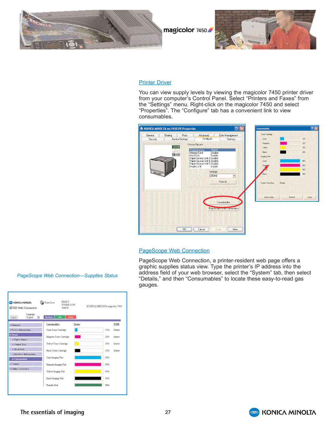 Konica Minolta 7450 manual Printer Driver, PageScope Web Connection—SuppliesStatus 