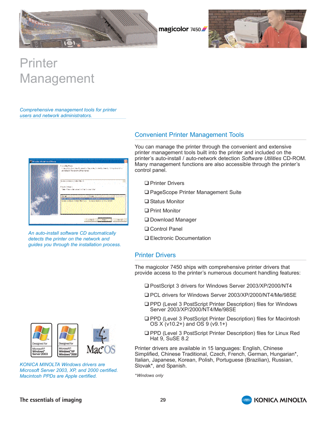 Konica Minolta 7450 manual Convenient Printer Management Tools, Printer Drivers 