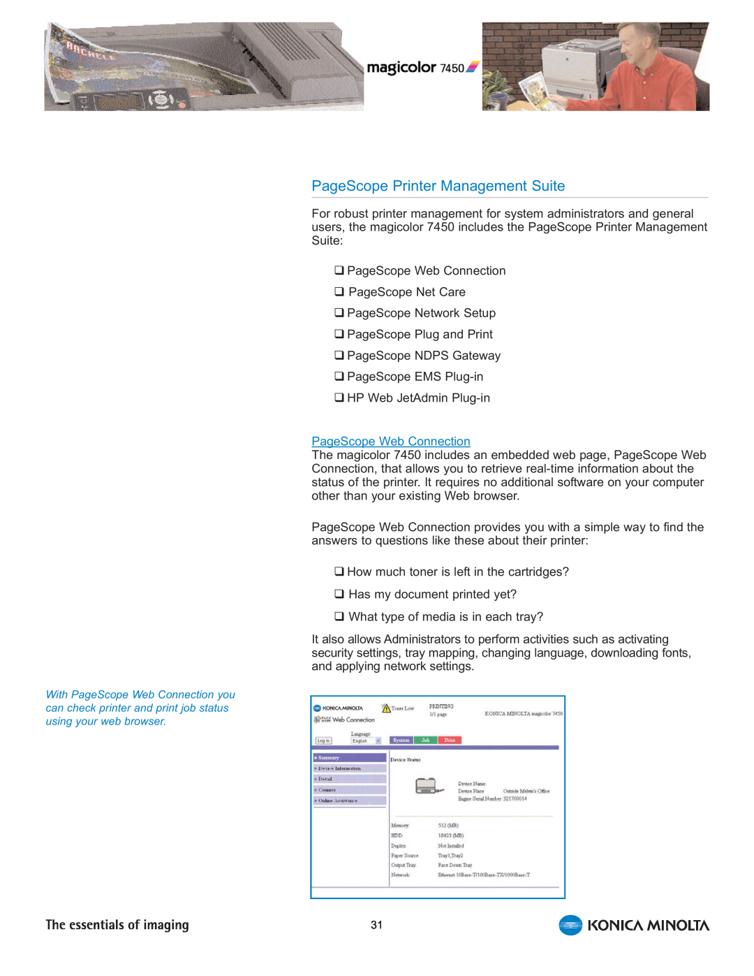 Konica Minolta 7450 manual PageScope Printer Management Suite, PageScope Web Connection 