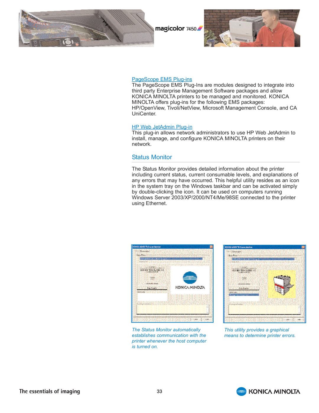 Konica Minolta 7450 manual Status Monitor, PageScope EMS Plug-ins, HP Web JetAdmin Plug-in 