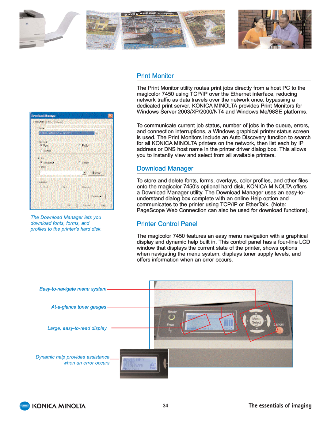 Konica Minolta 7450 manual Print Monitor, Download Manager, Printer Control Panel, Easy-to-navigatemenu system 