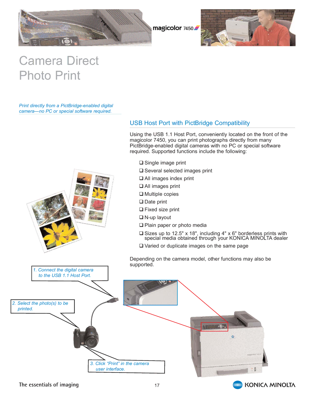 Konica Minolta 7450 manual Camera Direct Photo Print, USB Host Port with PictBridge Compatibility 