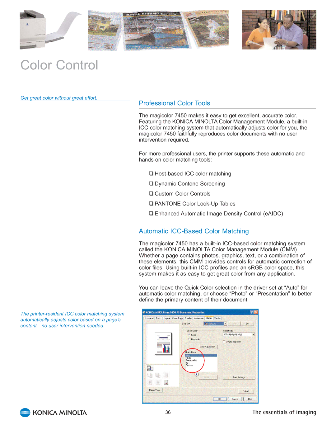 Konica Minolta 7450 manual Color Control, Professional Color Tools, Automatic ICC-Based Color Matching 