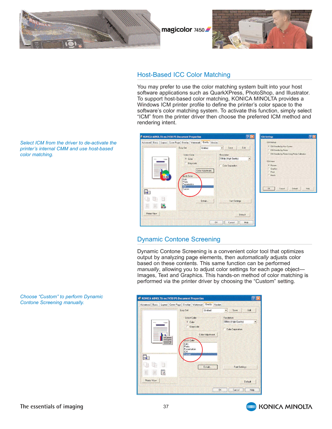 Konica Minolta 7450 manual Host-Based ICC Color Matching, Dynamic Contone Screening 