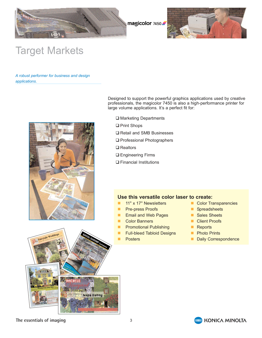 Konica Minolta 7450 manual Target Markets, Use this versatile color laser to create 