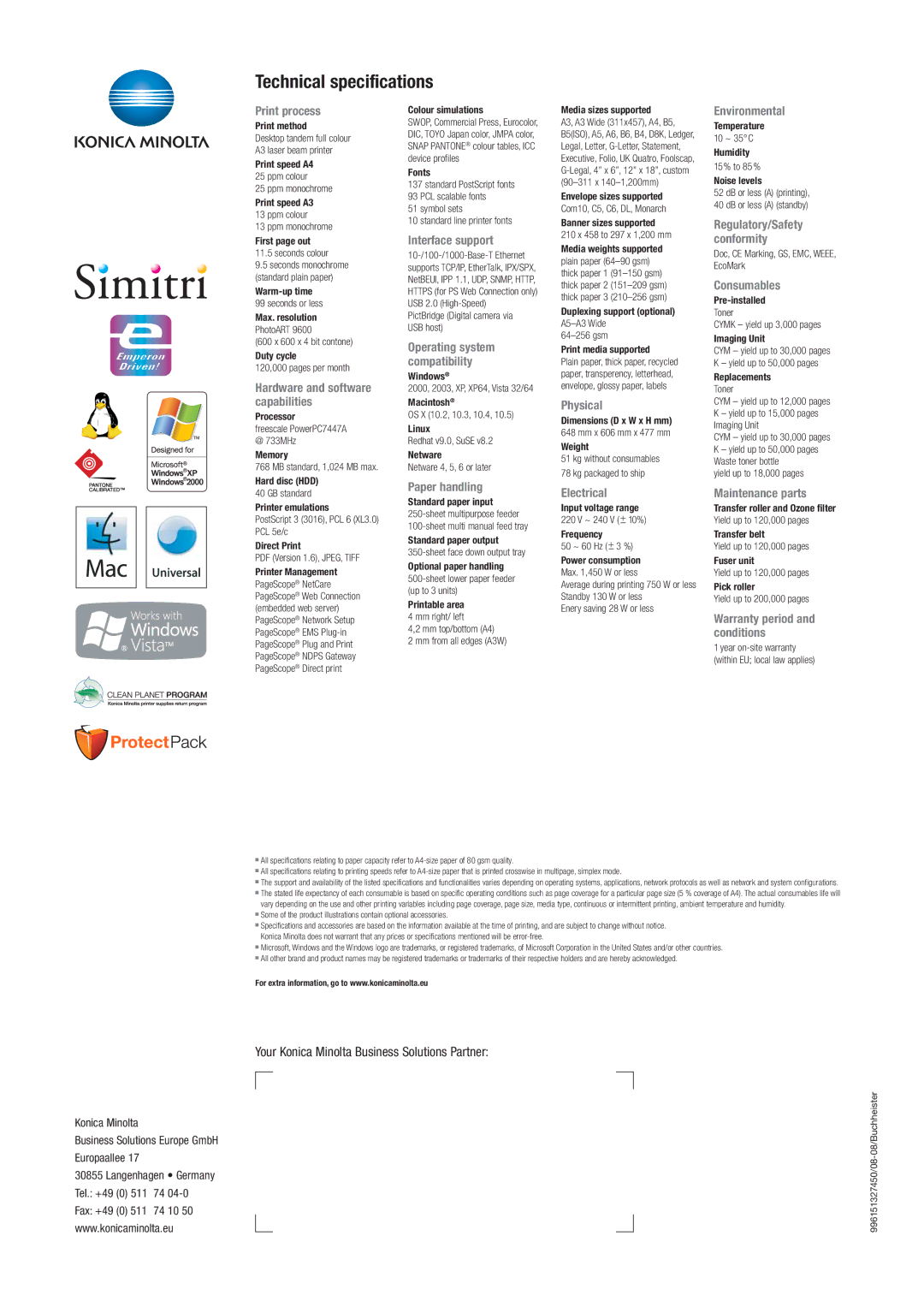 Konica Minolta 7450II GA manual Technical specifications 