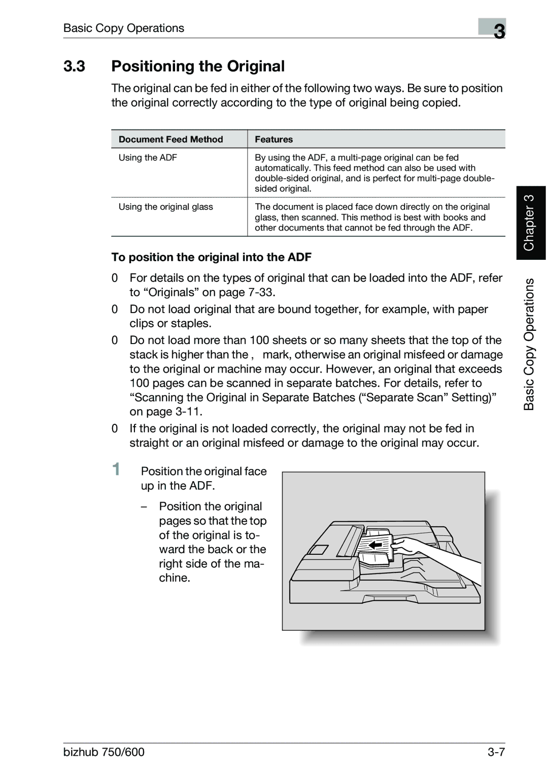 Konica Minolta 750 manual Positioning the Original, To position the original into the ADF, Document Feed Method Features 