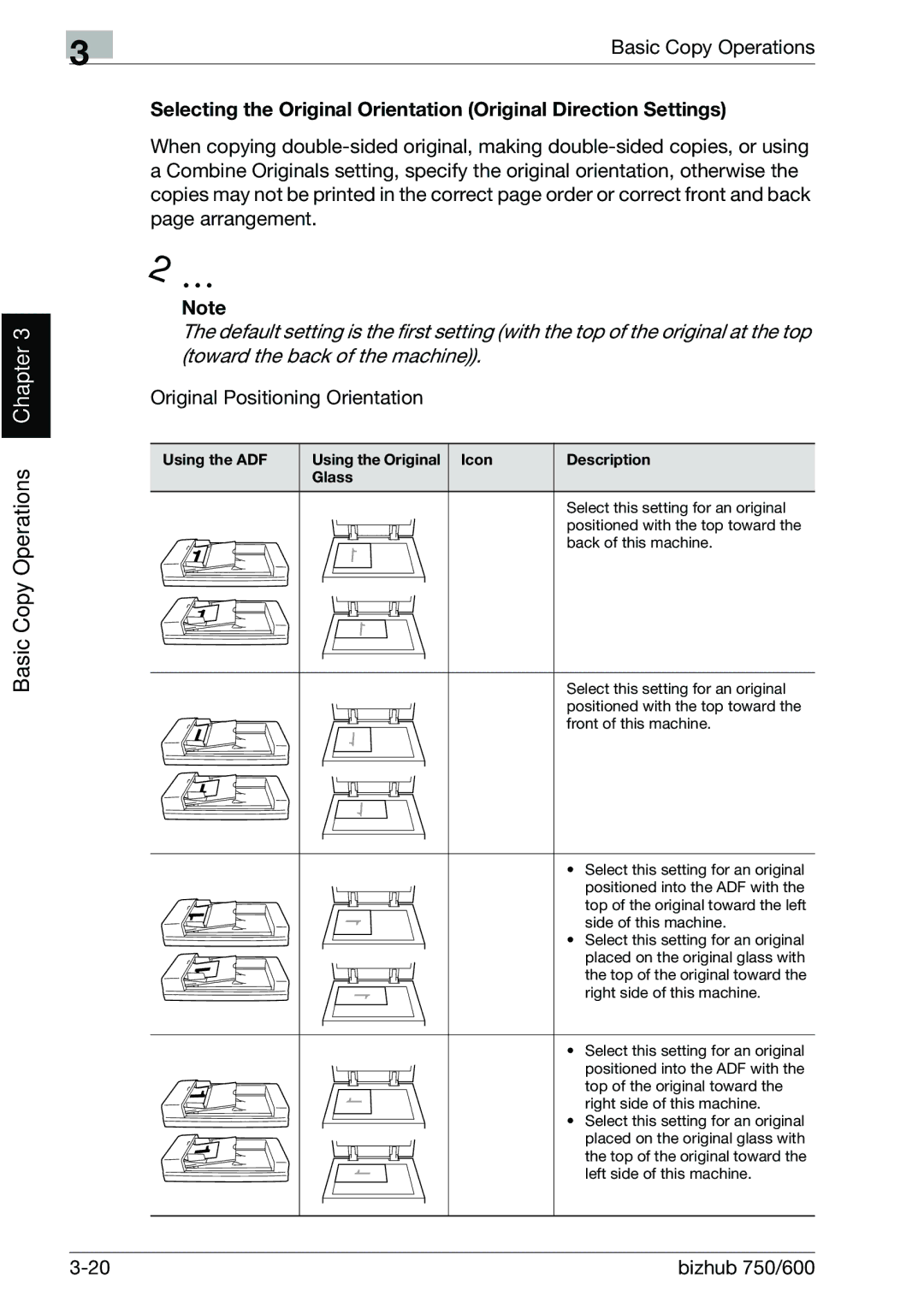 Konica Minolta 750 manual Original Positioning Orientation, Using the ADF Using the Original Icon Glass Description 