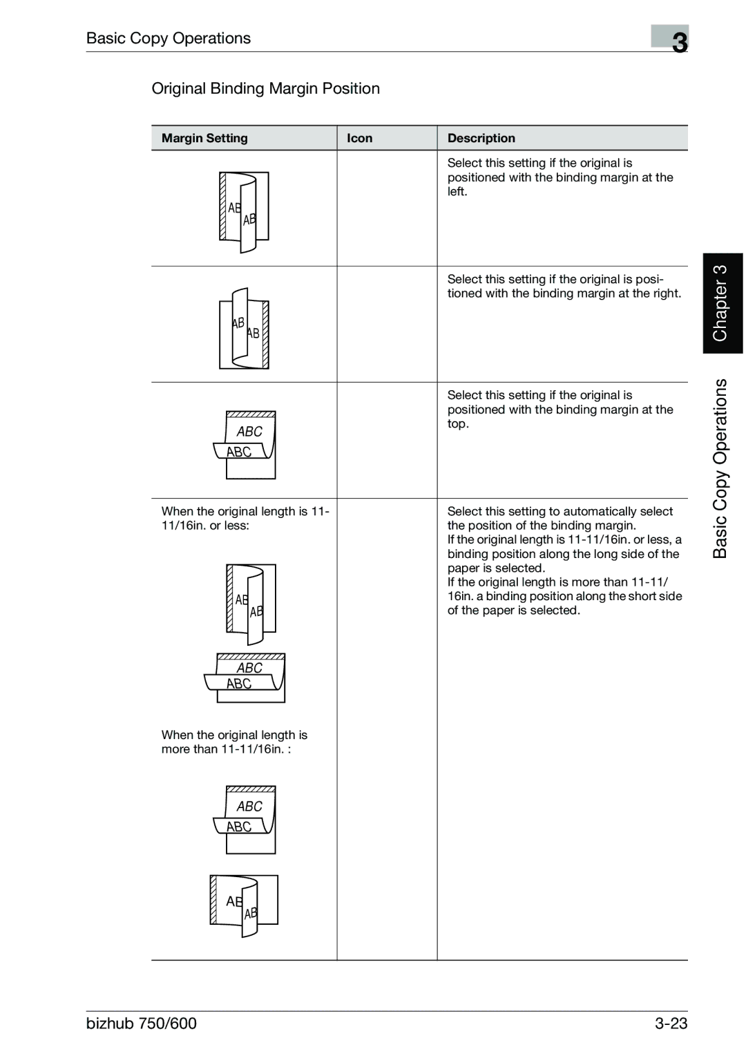 Konica Minolta 750 manual Basic Copy Operations Original Binding Margin Position, Margin Setting 