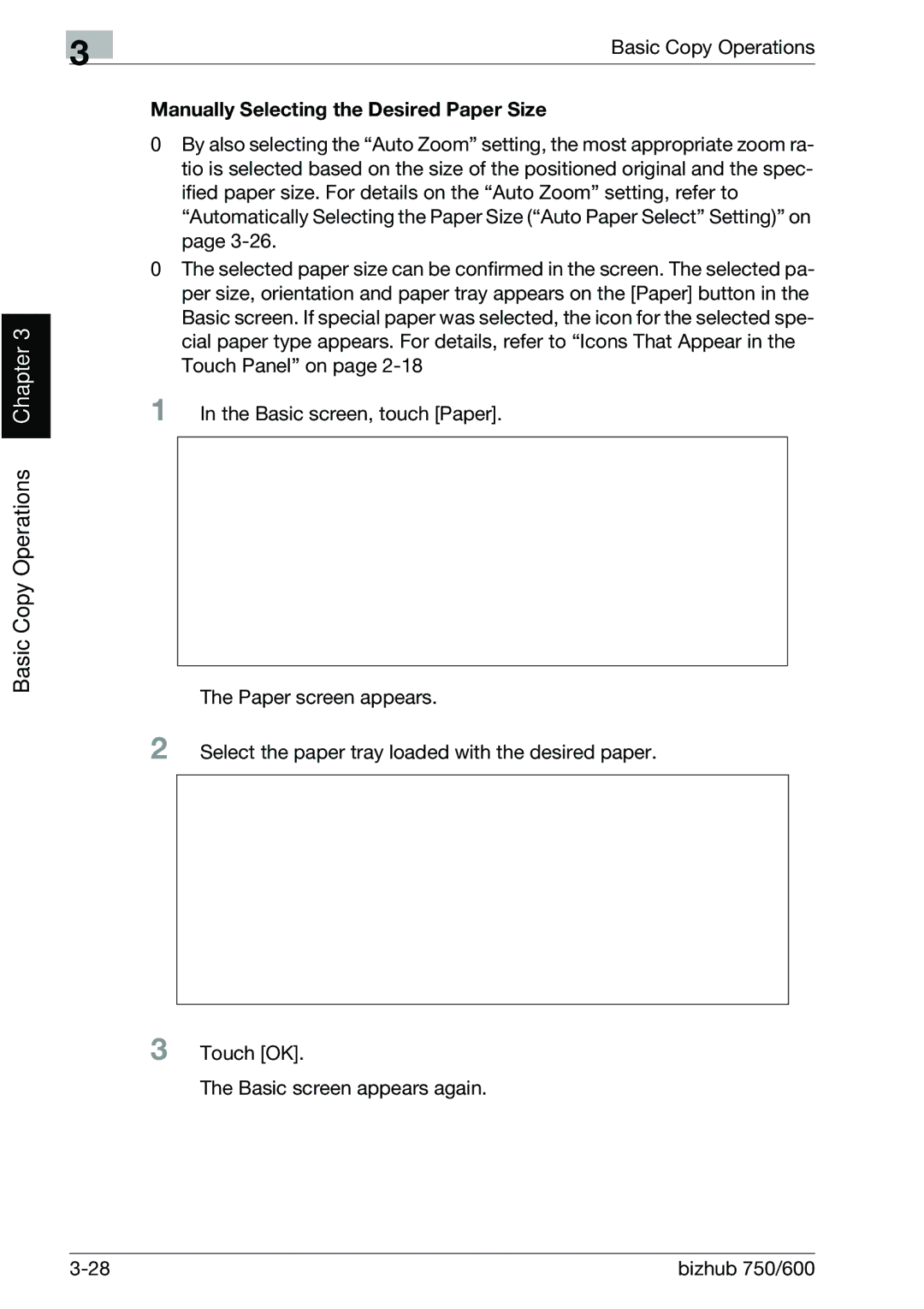 Konica Minolta 750 manual Basic Copy Operations, Manually Selecting the Desired Paper Size 