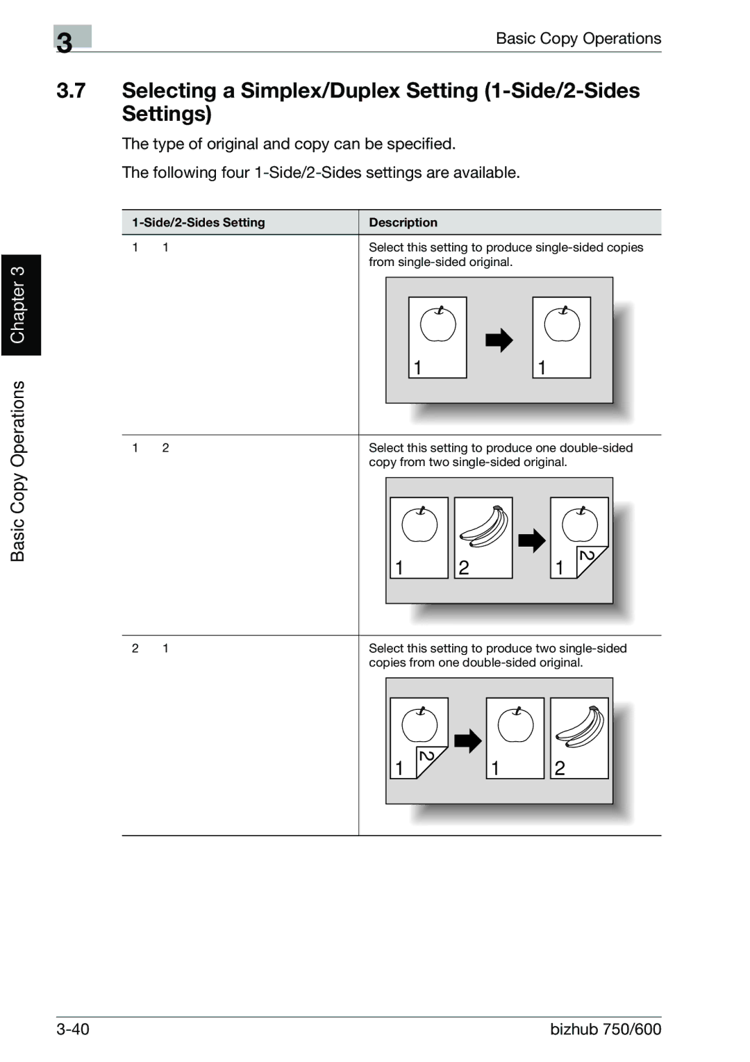 Konica Minolta 750 manual Selecting a Simplex/Duplex Setting 1-Side/2-Sides Settings, Side/2-Sides Setting Description 