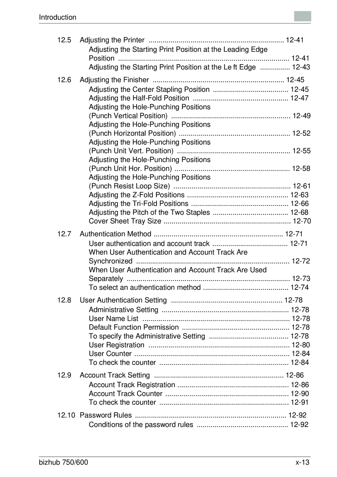 Konica Minolta 750 manual Adjusting the Printer 12-41, Adjusting the Finisher 12-45, Authentication Method 12-71 