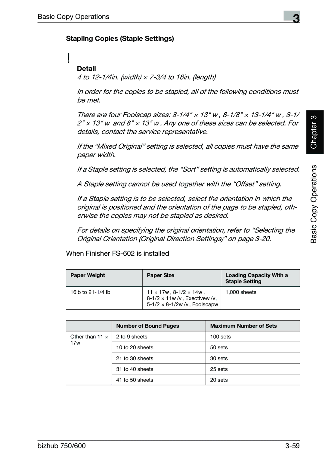 Konica Minolta 750 manual Stapling Copies Staple Settings Detail, When Finisher FS-602 is installed 