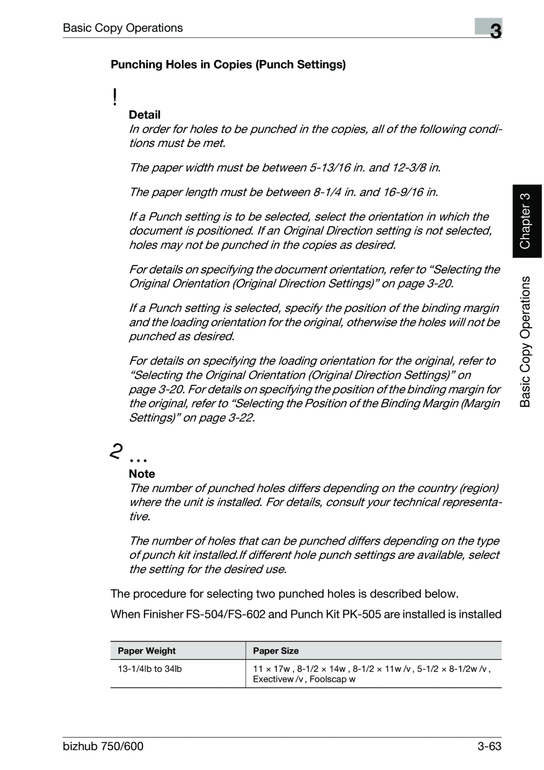 Konica Minolta 750 manual Punching Holes in Copies Punch Settings Detail, Paper Weight Paper Size 