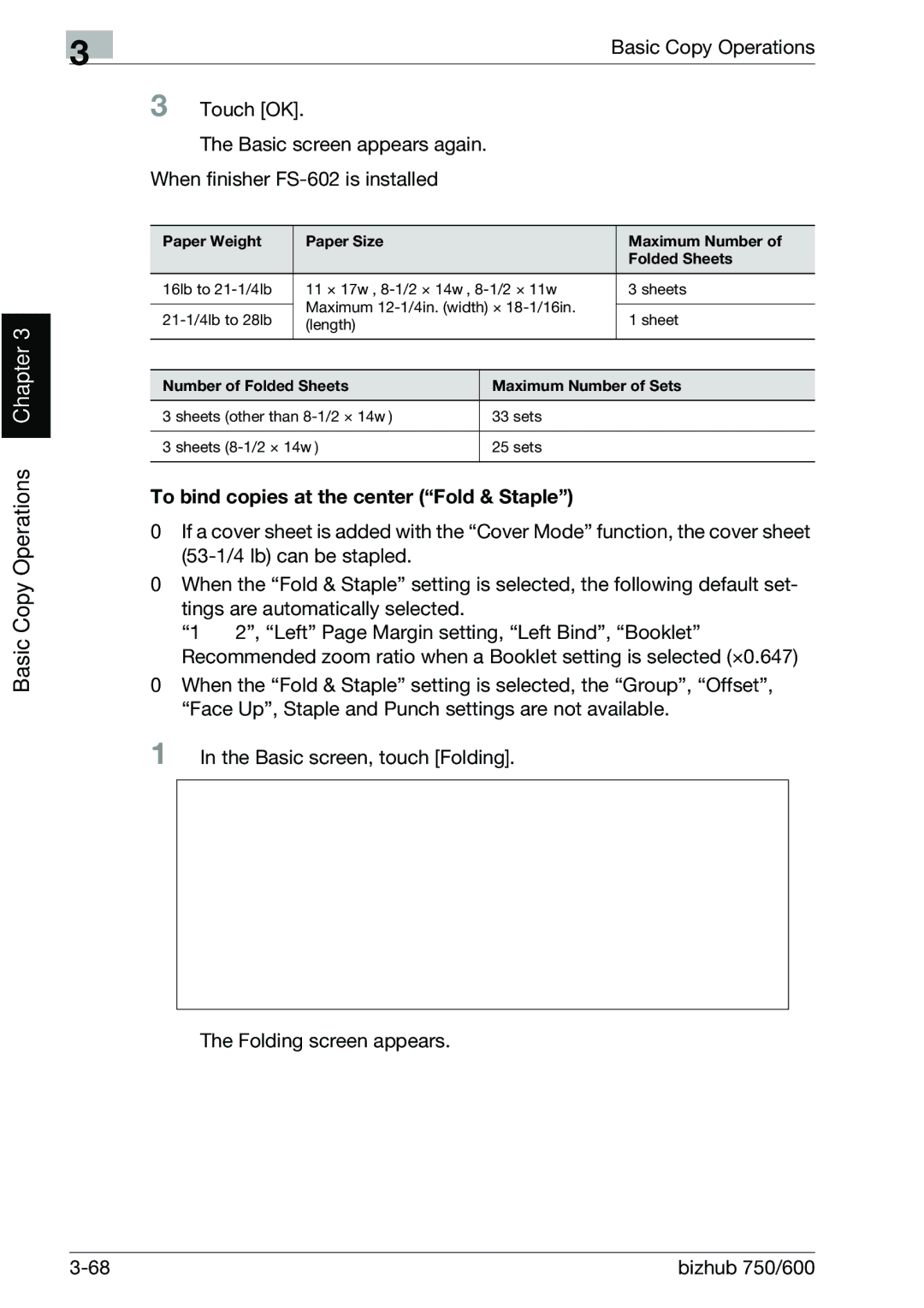 Konica Minolta 750 manual To bind copies at the center Fold & Staple, Paper Weight Paper Size Maximum Number Folded Sheets 