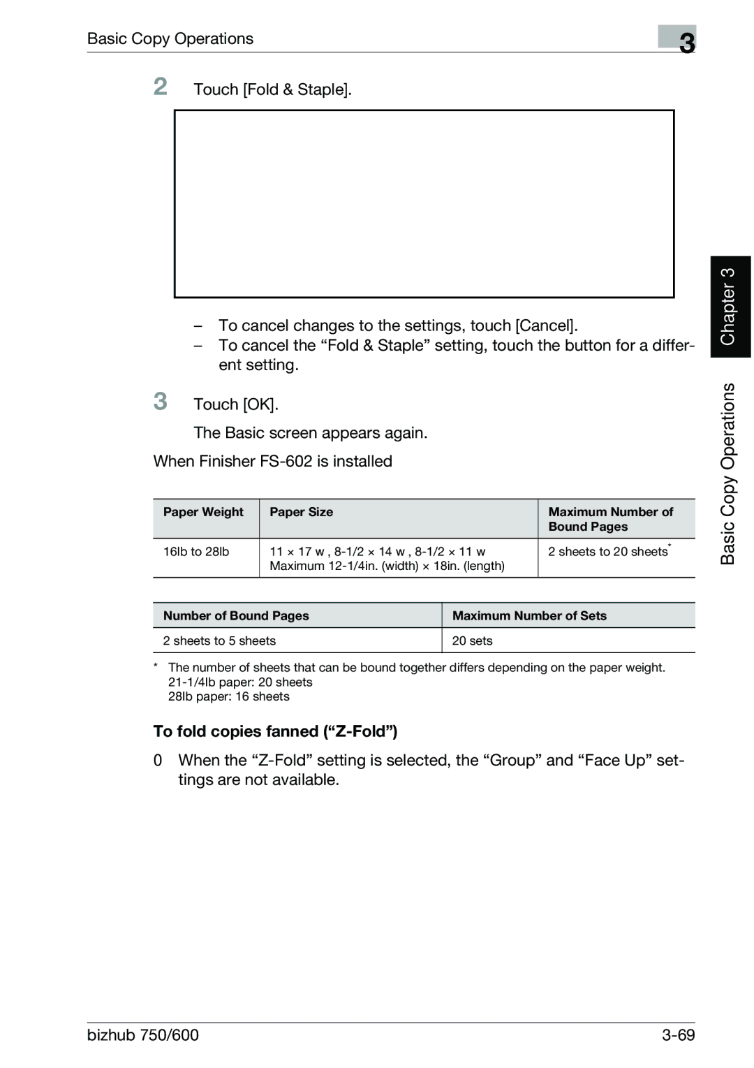 Konica Minolta 750 manual To fold copies fanned Z-Fold, Paper Weight Paper Size Maximum Number Bound Pages 