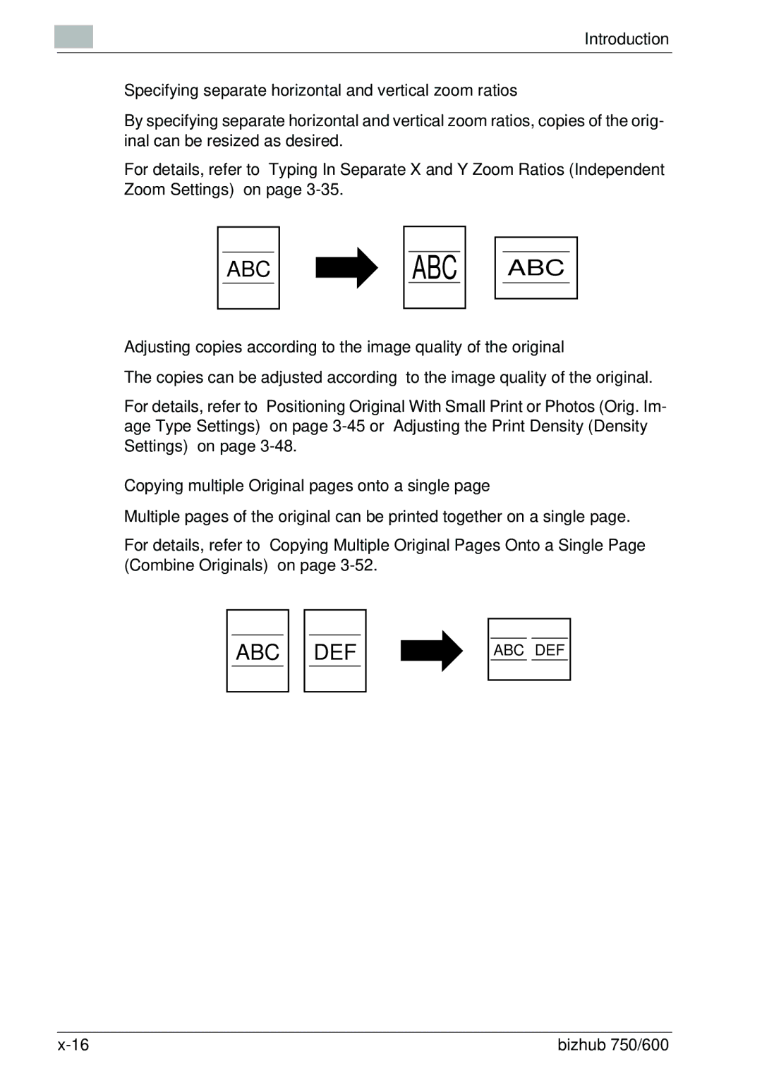 Konica Minolta 750 Specifying separate horizontal and vertical zoom ratios, Copying multiple Original pages onto a single 
